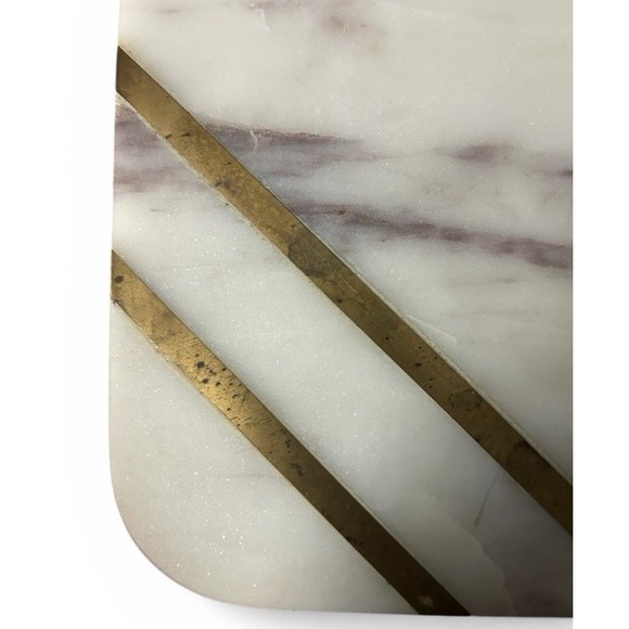 Marble White Cheese Serving Board Paddle Brass Inlay Rope Handle 12" x 9" - Picture 3 of 4